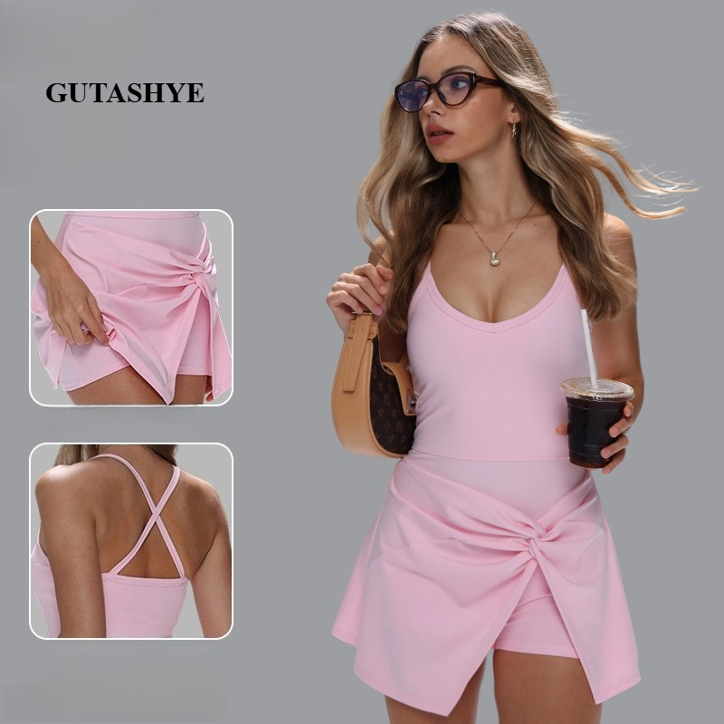 Women Spaghetti Strap Fake Two - Yoga Fitness Dress reseña y precio